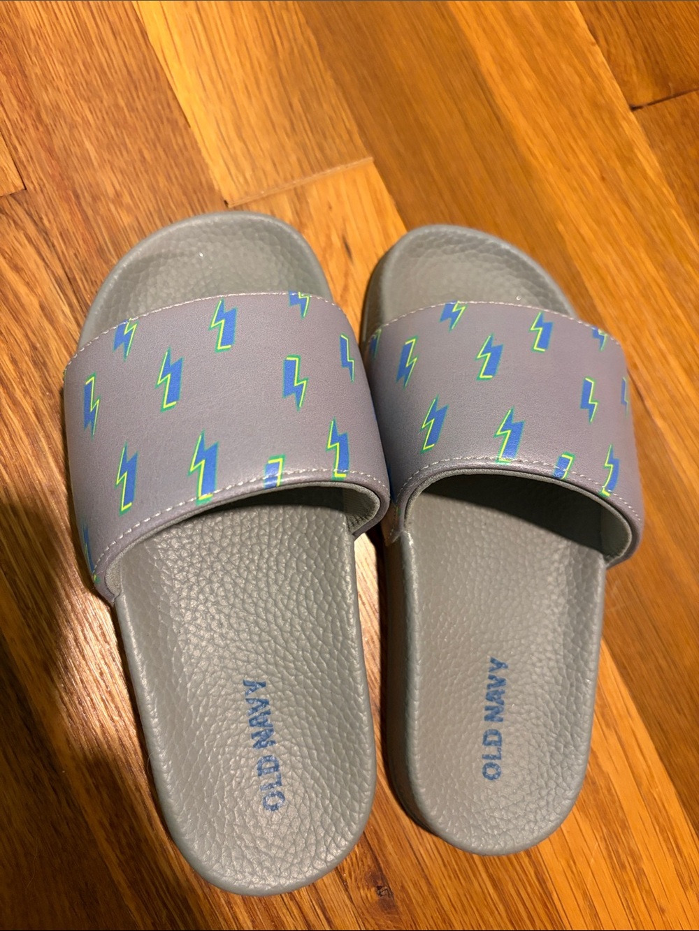 Old Navy Gray Slide Sandals with Blue & Neon Green Lightning Bolts Youth
